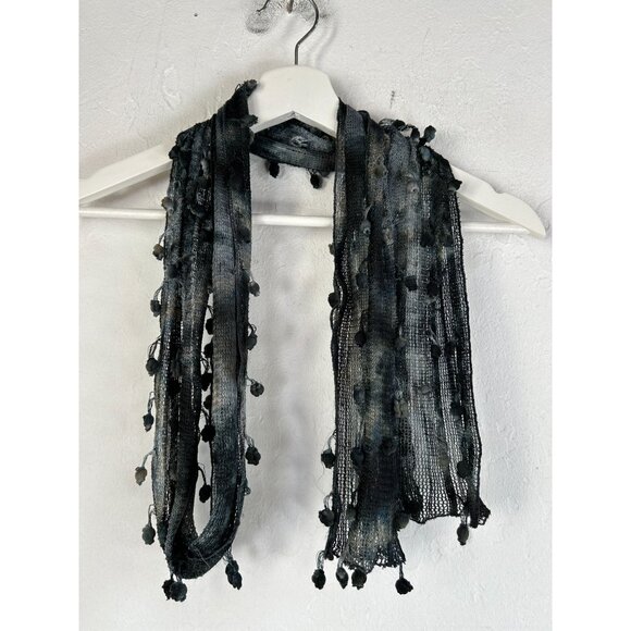Women’s Black Mesh Scarf Pom-Pom Fringe Lightweight Textured Wrap Boho Chic 70x5 - Picture 1 of 2